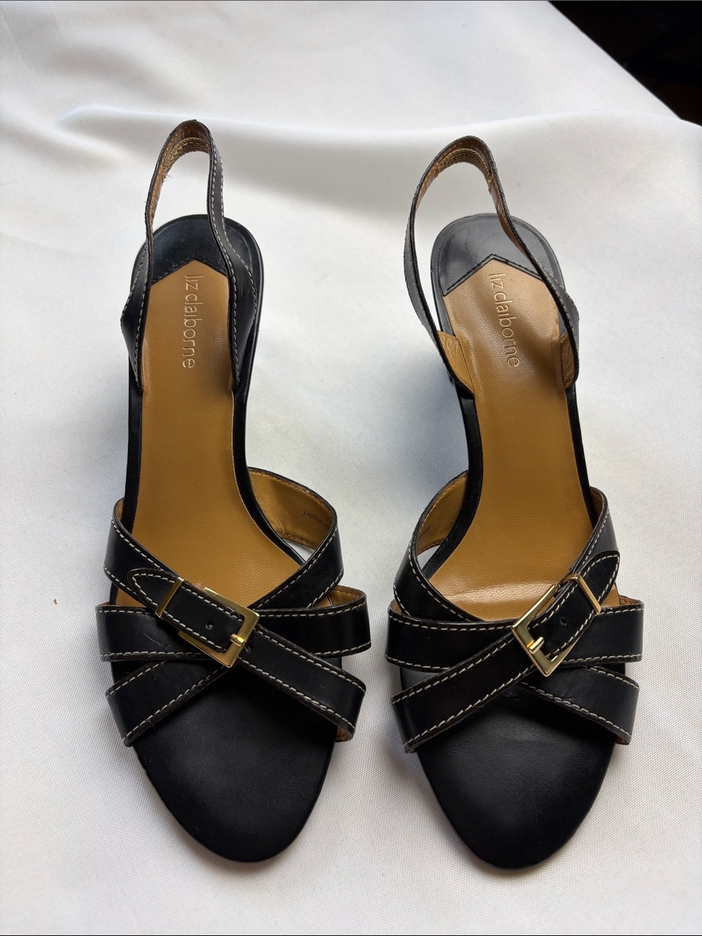 Liz Claiborne Black Slingback Heels with Gold Buckles 8m